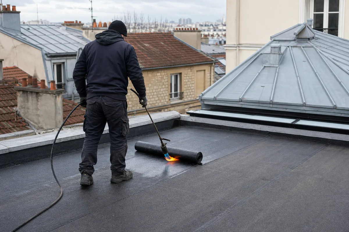 Application d&rsquo;une membrane bitumineuse soudée au chalumeau sur un toit-terrasse