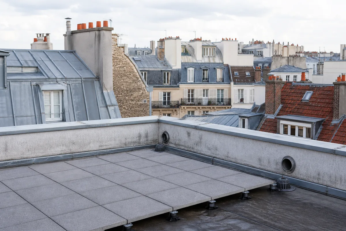 Toiture-terrasse parisienne avec acrotères, évacuations et dalles sur plots