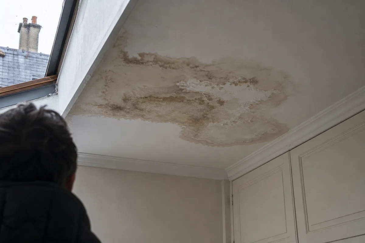 Tache d&rsquo;infiltration au plafond sous une toiture, révélant une fuite