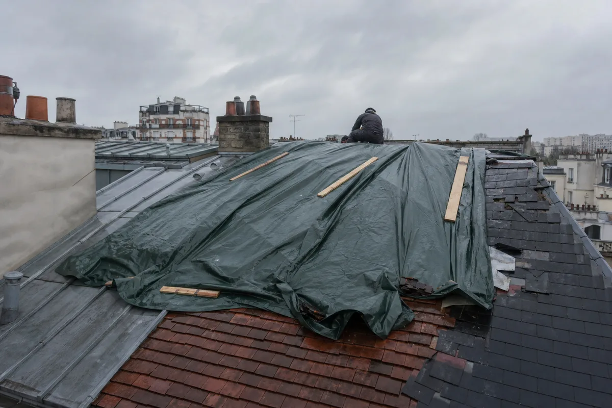 Bâche de protection posée en urgence sur une toiture endommagée