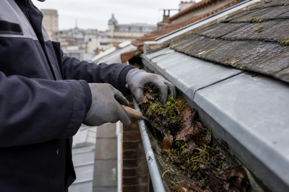 Curage manuel d&rsquo;une gouttière encombrée de feuilles et de mousse
