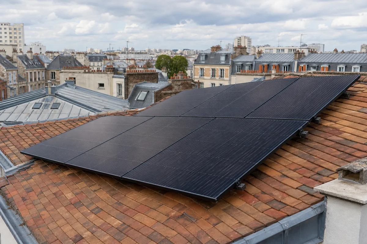 Panneaux solaires en surimposition sur une toiture francilienne en tuiles