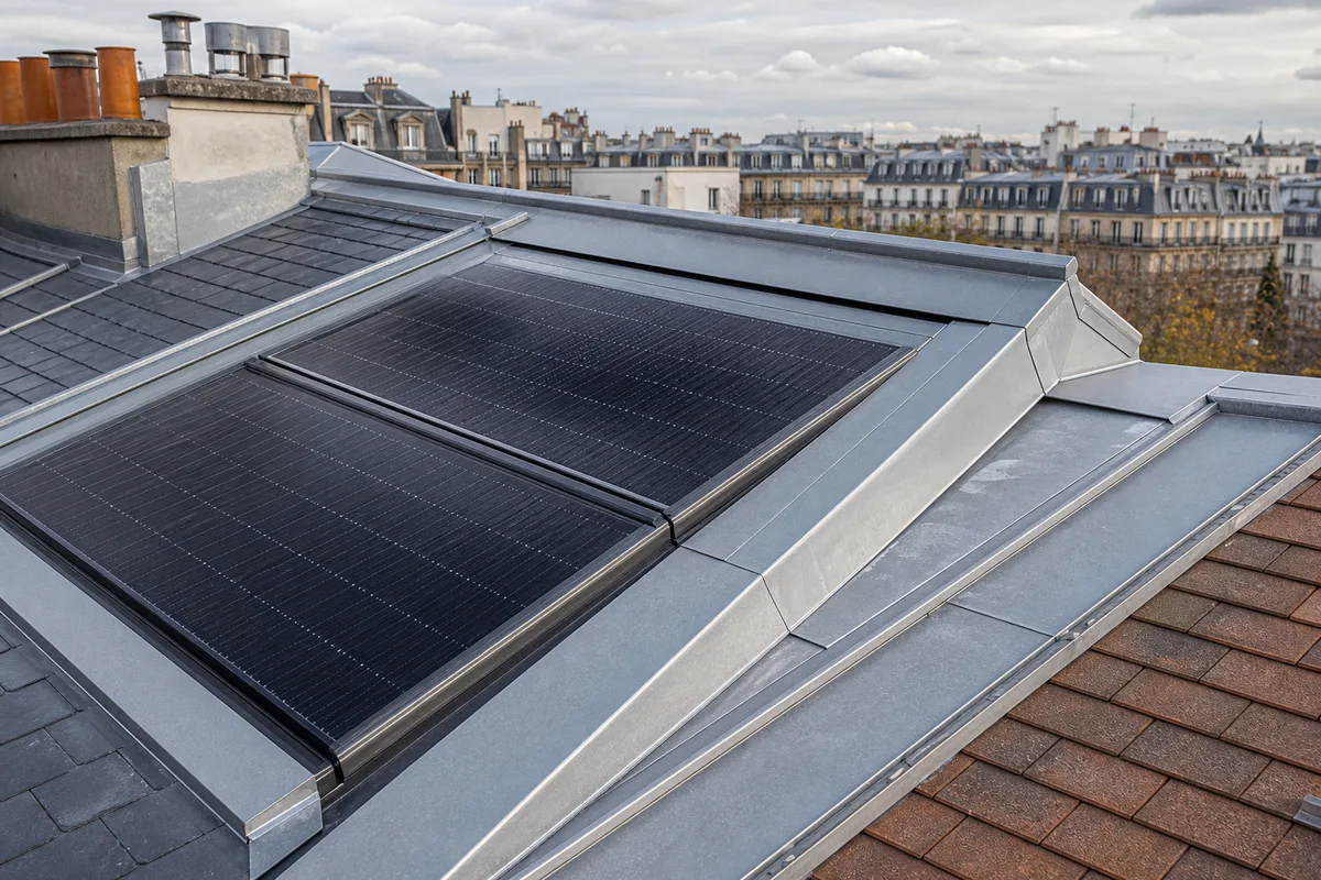 Raccord étanche et abergement métallique autour de panneaux solaires en toiture
